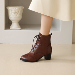 Women short pointed toe lace up chunky heel boots