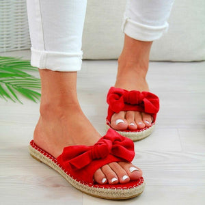 Women red bow platform espadrille slide sandals