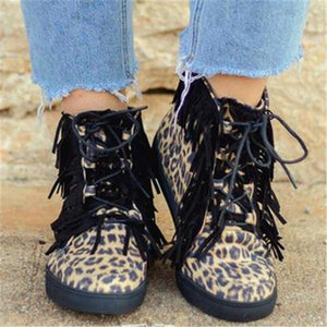 Women Spring Fall Short Casual Sneaker Color Block Leopard Lace Up Fringe Boots