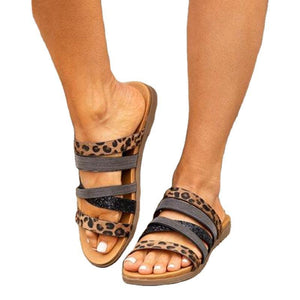 Women leopard strap summer 
flat slide sandals