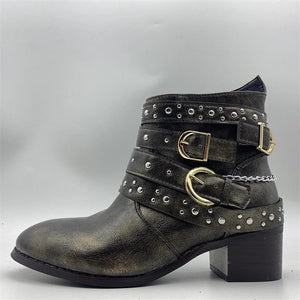 Women studded ankle strap retro short chunky heel boots