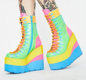 Women's rainbow thick platform wedge booties
