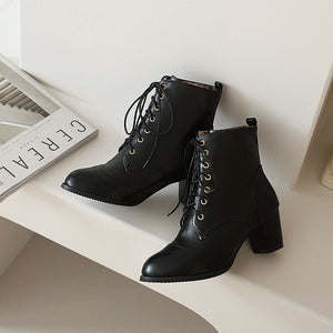 Women short pointed toe lace up chunky heel boots