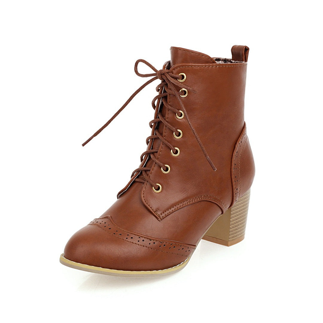 Women short pointed toe lace up chunky heel boots