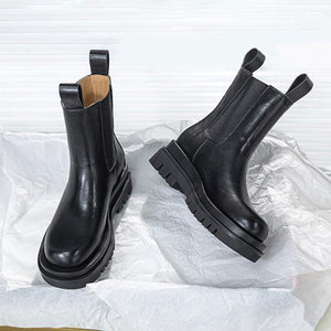 Women winter fall chunky platform slip on chelsea black boots