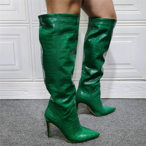 Women sexy snakeskin green stiletto high heel knee high boots