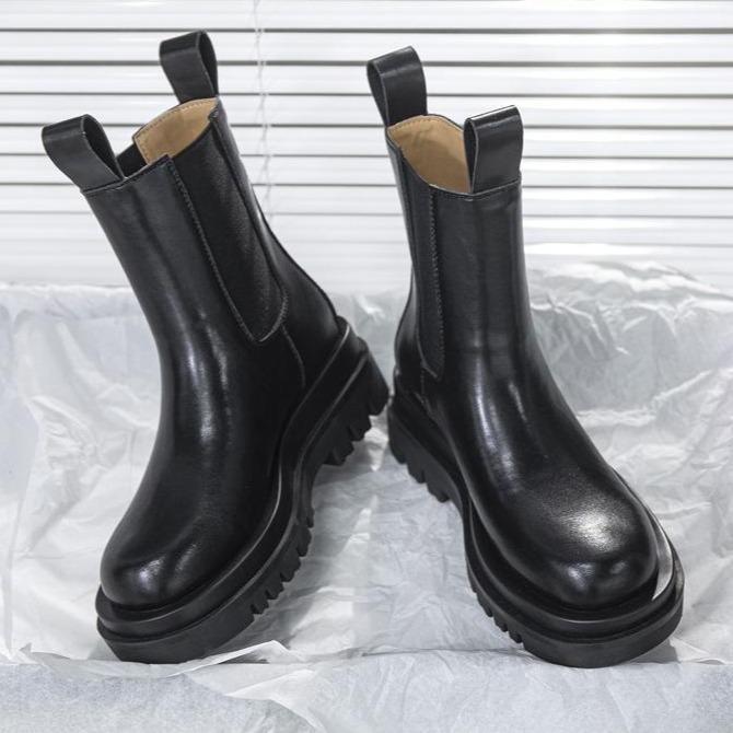 Women winter fall chunky platform slip on chelsea black boots