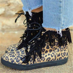 Women Spring Fall Short Casual Sneaker Color Block Leopard Lace Up Fringe Boots