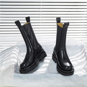 Women winter fall chunky platform slip on chelsea black boots