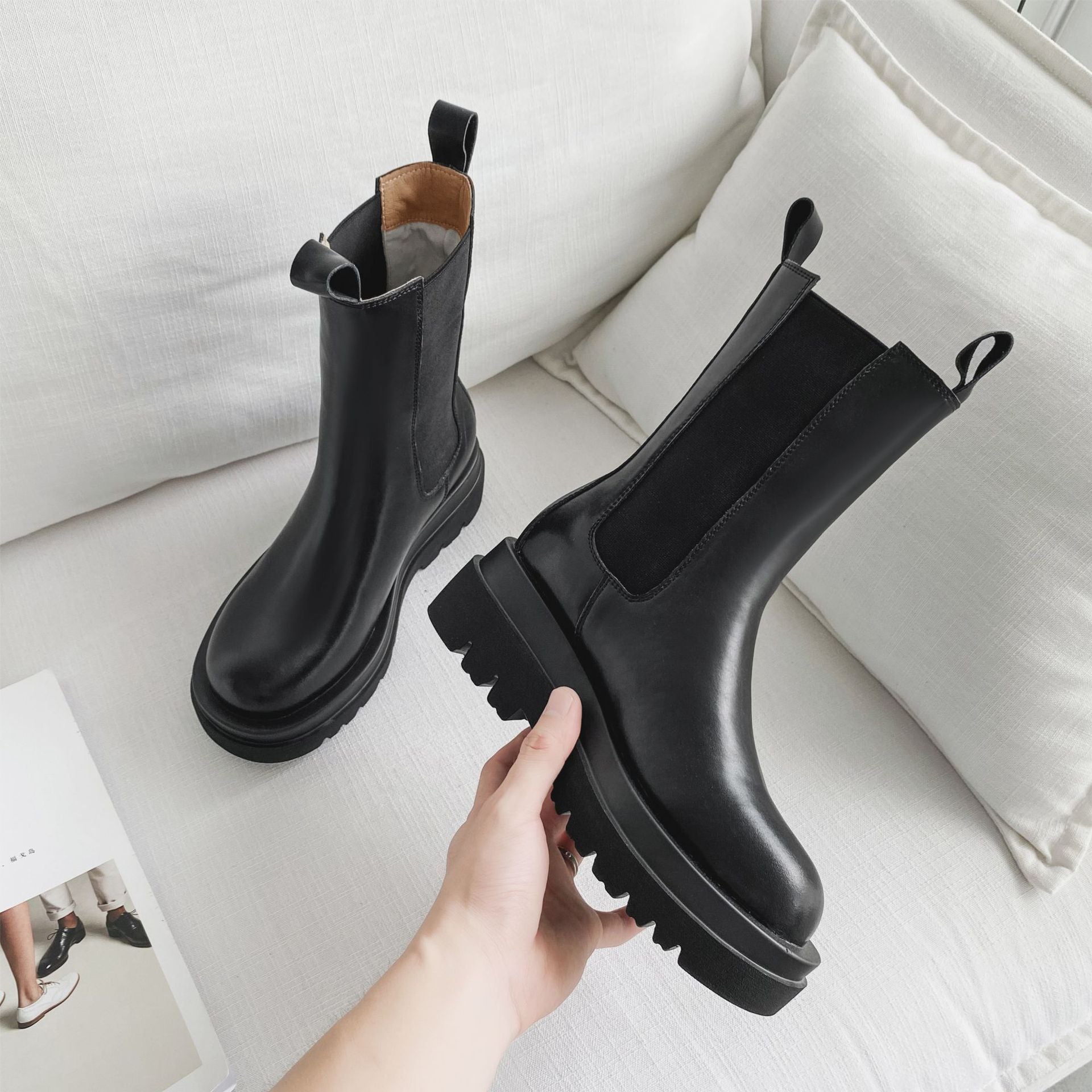 Women England Style Leather Stitching Chunky Platform Black Chelsea Boots