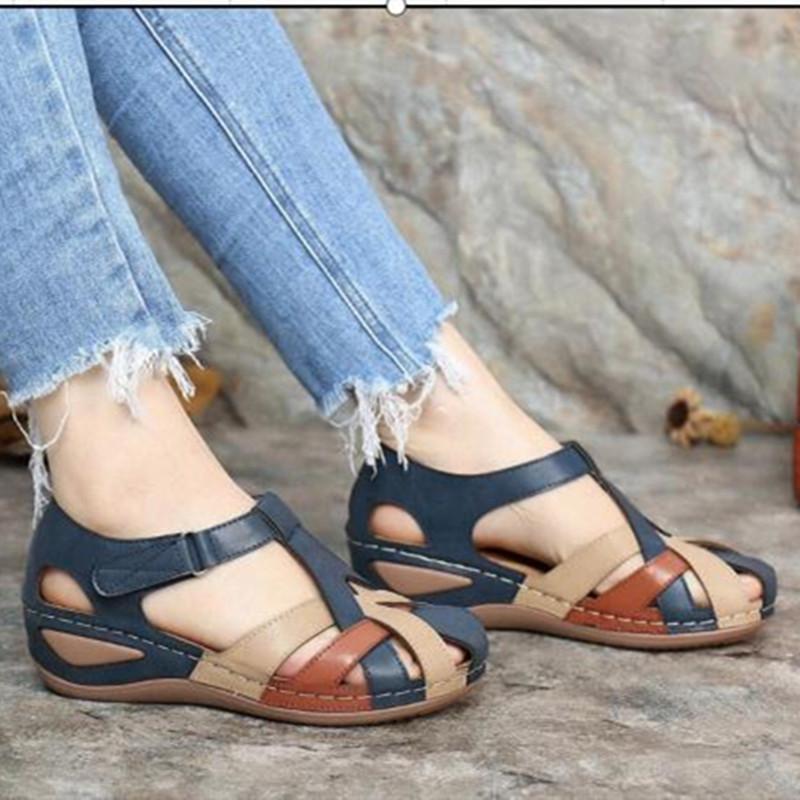 Women's vintage closed toe hollow magic tape sandals