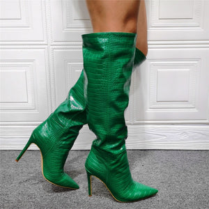 Women sexy snakeskin green stiletto high heel knee high boots