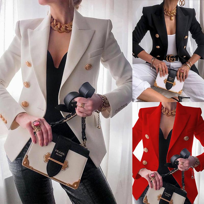 Women suit solid color pockets long sleeve double breasted coat