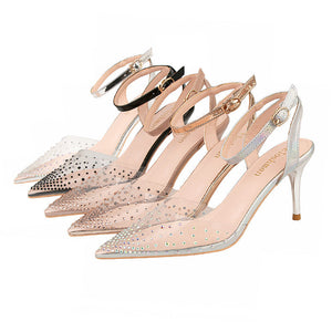 Women rhinestone clear closed toe side hollow slingback buckle strap stiletto heels