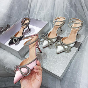Women rhinestone bow pointed toe ankle strap stiletto heels