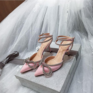 Women rhinestone bow pointed toe ankle strap stiletto heels