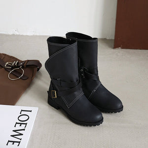 Women buckle strap medium chunky heel mid calf boots