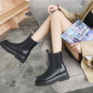 Round Toe High Heel Leather Stitching Chunky Platform Black Chelsea Boots Women