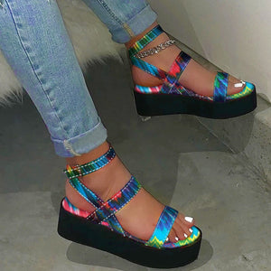 Women peep toe colorful strappy 
flatform summer comfortable sandals