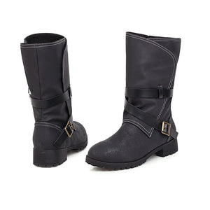 Women buckle strap medium chunky heel mid calf boots