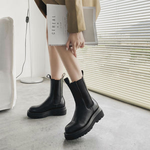 Women England Style Leather Stitching Chunky Platform Black Chelsea Boots