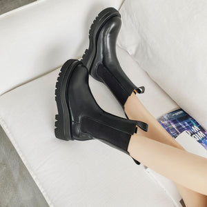 Women England Style Leather Stitching Chunky Platform Black Chelsea Boots