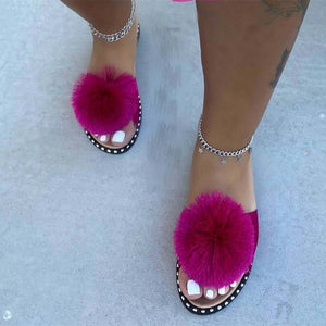 Women fuzzy poms slippers summer fashion peep toe flat slides