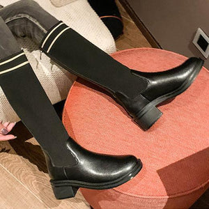 Women's black knee high stretchy sock boots knitted chunky block heel boots