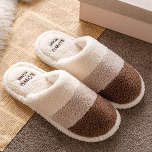 Unisex couple winter slippers color stripe furry warm house shoes with arch support