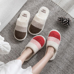 Unisex couple winter slippers color stripe furry warm house shoes with arch support