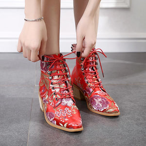 Retro embroidery lace-up ankle boots pointed toe block heel boots fashion ankle boots for women