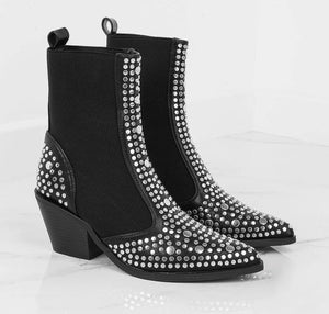 Womens's elastic black rivets ankle boots pointed toe square block heel booties