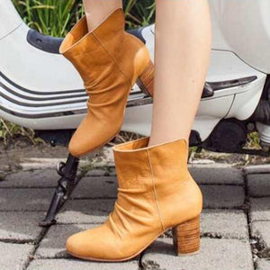 Women Stacked Heel Booties Solid Round Toe Chunky Heel Ankle Boots