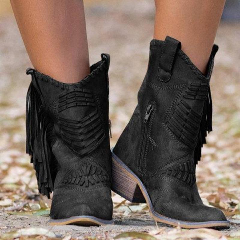 Western Pointed Toe Chunky Heel High Cut Side Zipper Women Fringe Boots