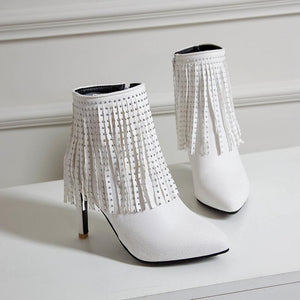 Women glitter fringed pointed stiletto high heel short boots