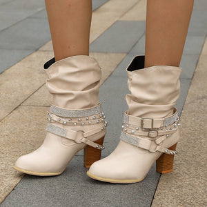 Women Fashion Short Rhinestone Booties Studded Strap Buckle Round Toe Stacked Chunky Heeled Boots