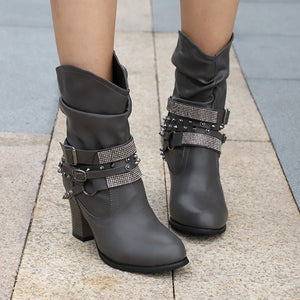 Women Fashion Short Rhinestone Booties Studded Strap Buckle Round Toe Stacked Chunky Heeled Boots