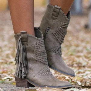 Western Pointed Toe Chunky Heel High Cut Side Zipper Women Fringe Boots