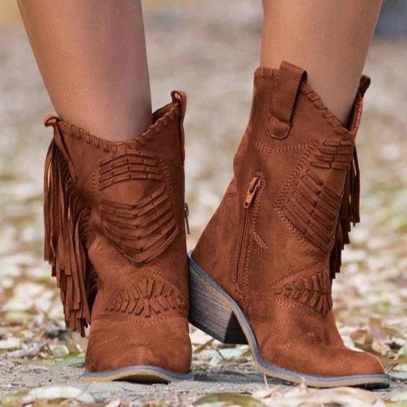 Western Pointed Toe Chunky Heel High Cut Side Zipper Women Fringe Boots