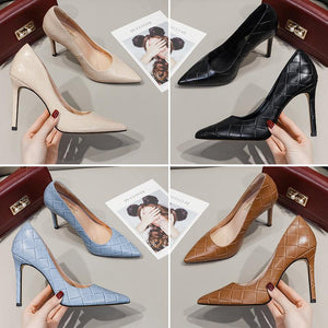 Women grid elegant pointed toe solid stiletto high heels