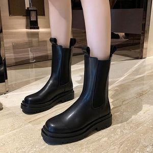 Women Fashion Fall Round Toe Chunky Heel Platform Black Chelsea Boots