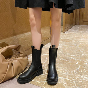 Women Fashion Fall Round Toe Chunky Heel Platform Black Chelsea Boots