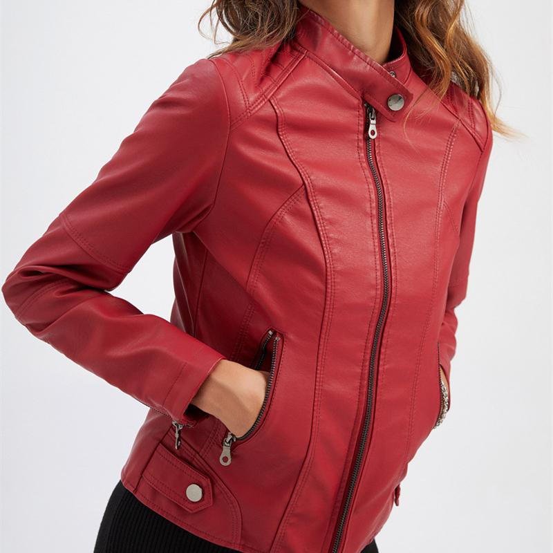 Women motorcycle standing collar long sleeve cropped coat & jacket