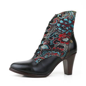 Women's vintage ethnic flower print ankle boots with zipper