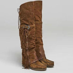 Women Flat Heel Over The Knee Buckle Strap Studded Fringe Boots