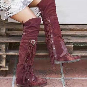 Women Flat Heel Over The Knee Buckle Strap Studded Fringe Boots