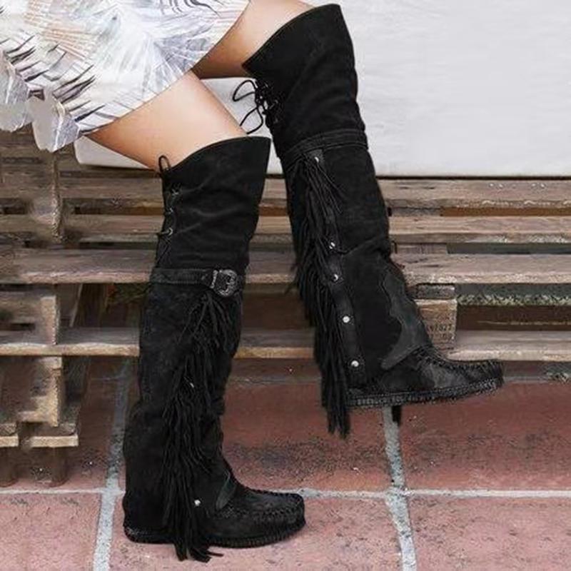 Women Flat Heel Over The Knee Buckle Strap Studded Fringe Boots