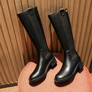 Women's black knee high chelsea boots chunky elastic boots