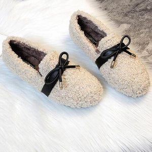 Women's warm lining slip on loafers cute bowknot winter keep warm flats