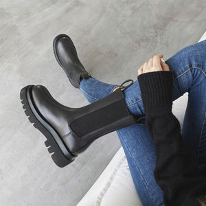 Round Toe High Heel Leather Stitching Chunky Platform Black Chelsea Boots Women
